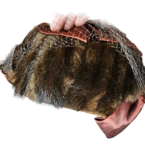 1950s Small Hat Brown Fur‎ Fabric Bow Netting Rust Orange Organza Housewife - Picture 10 of 11